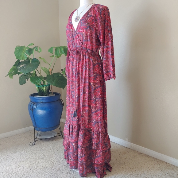 Chaudry - Boho Maxi Slight high-low Peasant Floral Paisley Ruffle Dress Size L - Picture 3 of 7